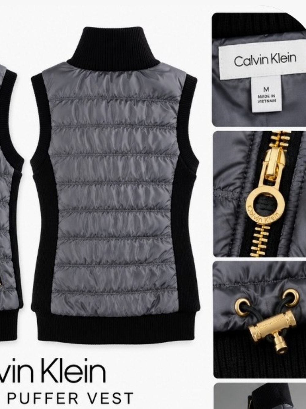 Calvin Klein Grey Quilted Puffer Vest with Black Knit Trim